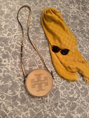 Tory Burch Beige/Tan Perforated Logo Round Crossbody